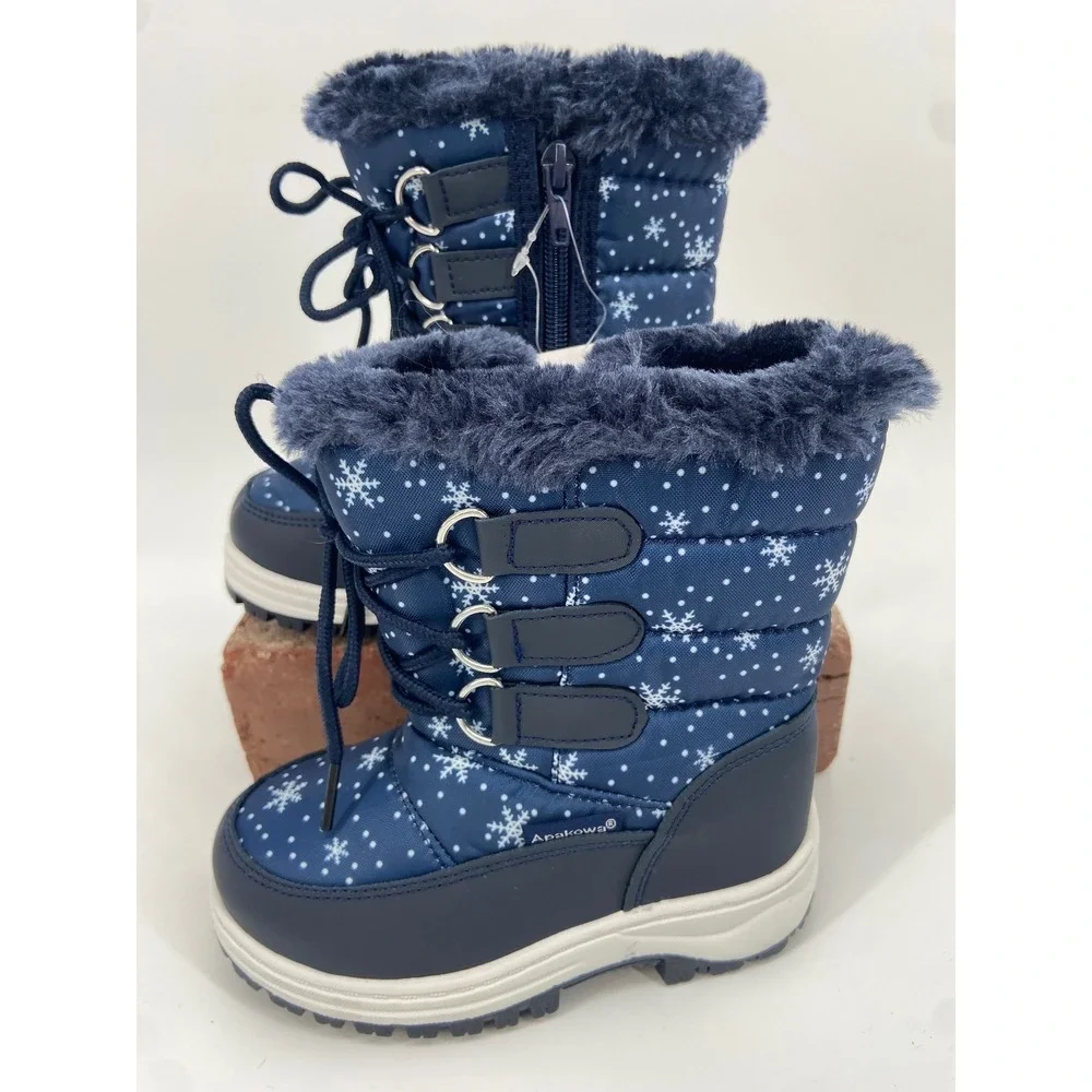 Apakowa Kids Navy Blue Snowflake Winter Snow Boots Faux Fur Lined Waterproof Lug